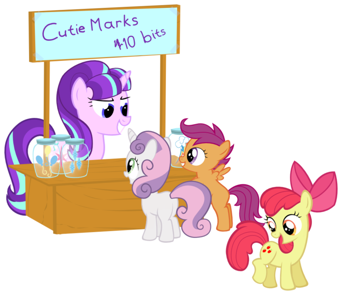 Size: 1000x863 | Tagged: safe, artist:sollace, derpibooru import, apple bloom, scootaloo, starlight glimmer, sweetie belle, earth pony, pegasus, pony, unicorn, the cutie map, applejack's cutie mark, bad end, booth, capitalist communist, cutie mark, cutie mark crusaders, female, filly, foal, jar, jars, mare, pinkie pie's cutie mark, rainbow dash's cutie mark, rarity's cutie mark, simple background, transparent background, vector
