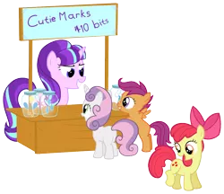 Size: 1000x863 | Tagged: safe, artist:sollace, derpibooru import, apple bloom, scootaloo, starlight glimmer, sweetie belle, earth pony, pegasus, pony, unicorn, the cutie map, applejack's cutie mark, bad end, booth, capitalist communist, cutie mark, cutie mark crusaders, female, filly, foal, jar, jars, mare, pinkie pie's cutie mark, rainbow dash's cutie mark, rarity's cutie mark, simple background, transparent background, vector