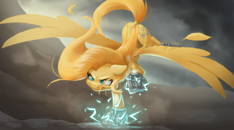 Size: 2000x1111 | Tagged: safe, artist:darksittich, derpibooru import, oc, oc:psychoshy, unofficial characters only, pegasus, pony, fallout equestria, fallout equestria: project horizons, electricity, fanfic art, female, mare, power hoof, solo