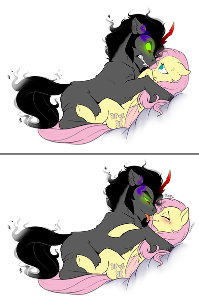 Size: 1000x1512 | Tagged: suggestive, artist:evehly, derpibooru import, fluttershy, king sombra, pegasus, pony, unicorn, :p, :t, bedroom eyes, blushing, boop, broken horn, colored sclera, colored wings, colored wingtips, comic, cuddling, cute, duo, eyes closed, female, floppy ears, fluffy, frown, glare, glowing eyes, gritted teeth, male, mare, nervous, noseboop, on back, scrunchy face, shipping, smiling, snuggling, sombrashy, stallion, straight, sweatdrop, tongue out, wavy mouth