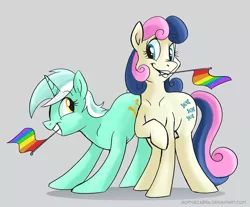 Size: 1000x828 | Tagged: safe, artist:spainfischer, derpibooru import, bon bon, lyra heartstrings, sweetie drops, earth pony, pony, unicorn, eye contact, female, flag, gay pride, gay pride flag, lesbian, lovewins, lyrabon, mare, mouth hold, pride, raised hoof, shipping, simple background, smiling