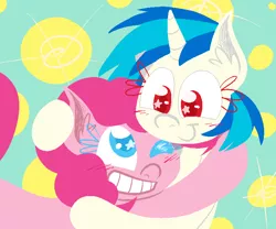 Size: 720x600 | Tagged: safe, artist:alittleofsomething, derpibooru import, pinkie pie, vinyl scratch, earth pony, pony, unicorn, ear fluff, female, hug, lesbian, lineless, mare, shipping, smiling, teeth, vinylpie, wingding eyes