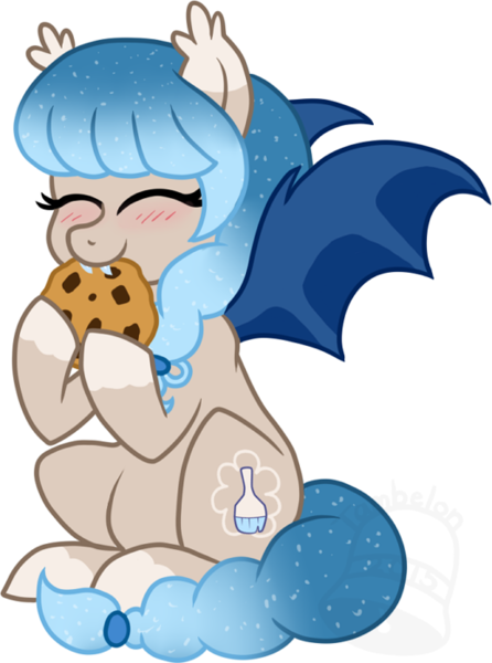 Size: 520x700 | Tagged: safe, artist:tambelon, derpibooru import, oc, oc:glimmer palette, unofficial characters only, bat pony, pony, cookie, cute, eating, fangs, nibbling, ocbetes, solo, watermark