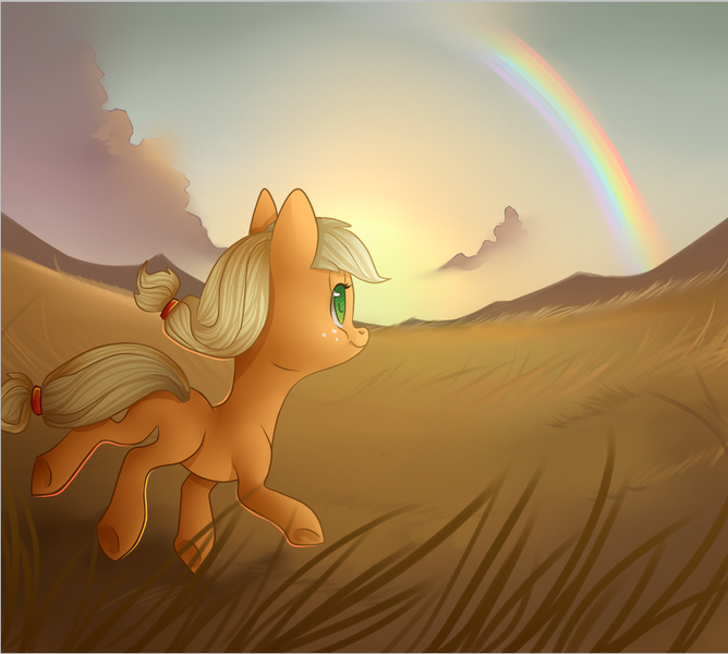 Size: 792x711 | Tagged: applejack, artist:nayra-the-wolf, derpibooru import, filly, rainbow, running, safe, scene interpretation, solo, the cutie mark chronicles