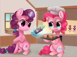 Size: 766x567 | Tagged: artist:nayra-the-wolf, cupcake, derpibooru import, magic, pinkie pie, safe, sitting, sugar belle, telekinesis