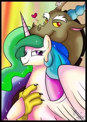 Size: 714x991 | Tagged: dead source, safe, artist:alia-star, artist:bluezircon-da, artist:ziricorn, derpibooru import, discord, princess celestia, collaboration, dislestia, female, heart, hug, male, shipping, straight