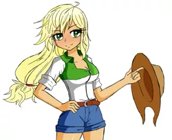 Size: 1023x835 | Tagged: source needed, safe, artist:hashioaryut, derpibooru import, applejack, human, equestria girls, breasts, busty applejack, cleavage, colored, cute, female, humanized, jackabetes, solo