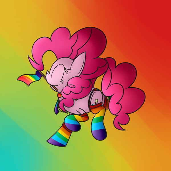 Size: 2048x2048 | Tagged: anatomically incorrect, artist:mr. rottson, clothes, cute, derpibooru import, diapinkes, eyes closed, gay pride, gay pride flag, incorrect leg anatomy, mouth hold, necktie, panties, pinkie pie, pride, rainbow socks, raised hoof, raised leg, safe, scarf, smiling, socks, solo, striped socks, underwear