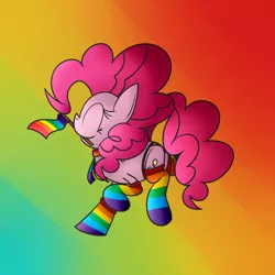 Size: 2048x2048 | Tagged: anatomically incorrect, artist:mr. rottson, clothes, cute, derpibooru import, diapinkes, eyes closed, gay pride, gay pride flag, incorrect leg anatomy, mouth hold, necktie, panties, pinkie pie, pride, rainbow socks, raised hoof, raised leg, safe, scarf, smiling, socks, solo, striped socks, underwear