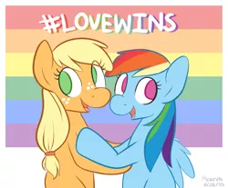 Size: 1753x1449 | Tagged: safe, artist:moozua, derpibooru import, applejack, rainbow dash, earth pony, pegasus, pony, appledash, female, gay pride, gay pride flag, hashtag, lesbian, lovewins, mare, no pupils, pride, shipping