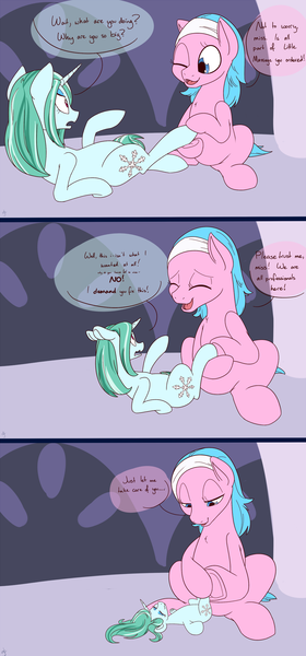 Size: 1000x2142 | Tagged: aloe, artist:goat train, derpibooru import, dialogue, female, hoof massage, macro, massage, micro, oc, oc:slippery slope, safe, shrinking, size difference