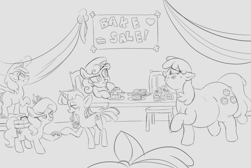 Size: 1500x1009 | Tagged: safe, artist:mellowhen, derpibooru import, apple bloom, cheerilee, diamond tiara, dinky hooves, snails, sweetie belle, earth pony, pony, unicorn, bake sale, bits, chubbilee, chubby, cookie, fat, grin, indoors, magic, monochrome, obese, plot, school, sketch, smug, sweat, table, the ass was fat, weight gain