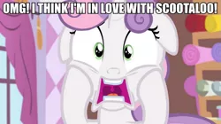 Size: 981x550 | Tagged: derpibooru import, female, image macro, implied scootabelle, lesbian, meme, safe, screamie belle, screencap, sweetie belle