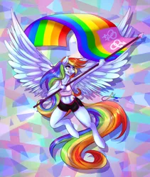 Size: 1280x1520 | Tagged: anthro, armpits, artist:fatcakes, banner, belly button, bike shorts, clothes, derpibooru import, flag, flying, gay pride, gay pride flag, lesbian pride flag, long hair, long tail, lovewins, midriff, murica, pegasus, pride, rainbow, rainbow dash, safe, solo, sports bra, spread wings, tanktop, unguligrade anthro