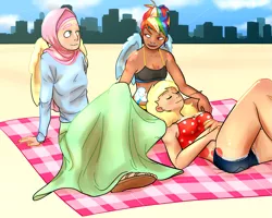 Size: 1217x975 | Tagged: applejack, artist:alvrexadpot, beach, bikini, clothes, derpibooru import, fluttershy, hijab, human, humanized, islam, islamashy, rainbow dash, safe, skirt, skyline, swimsuit, winged humanization