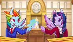 Size: 1024x593 | Tagged: safe, artist:ame-baki, derpibooru import, princess celestia, rainbow dash, twilight sparkle, twilight sparkle (alicorn), alicorn, pony, ace attorney, crossover, female, mare, miles edgeworth, parody, phoenix wright