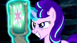 Size: 640x361 | Tagged: cutie mark, derpibooru import, edit, evil grin, eyestrain warning, grin, magic, s5 starlight, safe, saturated, screencap, smiling, solo, staff, staff of sameness, starlight glimmer, the cutie map