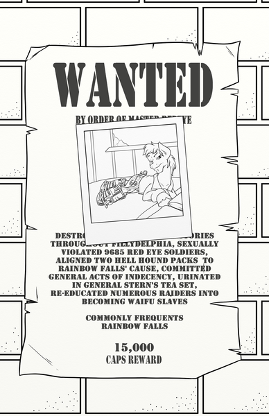 Size: 1650x2550 | Tagged: artist:inkwell, cyborg, derpibooru import, fallout equestria, /foe/, monochrome, oc, oc:anon 69, photo, suggestive, unofficial characters only, wanted poster