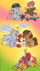 Size: 722x1280 | Tagged: safe, artist:kaemantis, deleted from derpibooru, derpibooru import, babs seed, derpy hooves, dinky hooves, scootaloo, truffle shuffle, twist, oc, oc:trissie, pony, babstwist, behaving like a cat, bipedal, blushing, clothes, cute, derp, derpabetes, eyepatch, female, glasses, lazy eye, lesbian, saw, scooter, shipping, size difference, skateboard, sleeping, twistabetes
