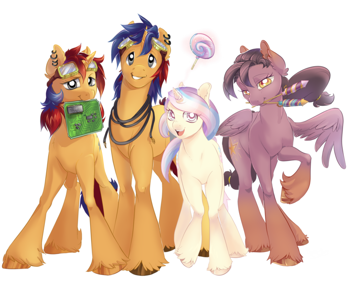 Size: 2880x2331 | Tagged: safe, artist:pyoo-kee-pony, derpibooru import, oc, oc:electric spark, oc:pop candy, oc:star burst, oc:sweet voltage, unofficial characters only, pegasus, pony, unicorn, cable, circuit board, elecstar, fireworks, goggles, lollipop, popspark, simple background, transparent background, unshorn fetlocks