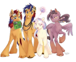 Size: 2880x2331 | Tagged: safe, artist:pyoo-kee-pony, derpibooru import, oc, oc:electric spark, oc:pop candy, oc:star burst, oc:sweet voltage, unofficial characters only, pegasus, pony, unicorn, cable, circuit board, elecstar, fireworks, goggles, lollipop, popspark, simple background, transparent background, unshorn fetlocks