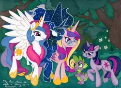 Size: 1024x744 | Tagged: safe, artist:jenkiwi, derpibooru import, princess cadance, princess celestia, princess luna, spike, twilight sparkle, alicorn, dragon, pony, unicorn, a wrinkle in time, crossover, female, forest, glasses, male, mare, traditional art