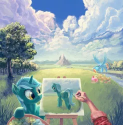 Size: 4500x4568 | Tagged: safe, artist:hunternif, derpibooru import, fluttershy, lyra heartstrings, rainbow dash, human, pegasus, pony, unicorn, absurd resolution, canterlot, cute, en plein air, eyes closed, fanfic art, female, flying, grass, grin, hand, legs in air, mare, mountain, offscreen character, on back, painting, picture, plein air, plot, pov, river, scenery, scenery porn, smiling, spread wings