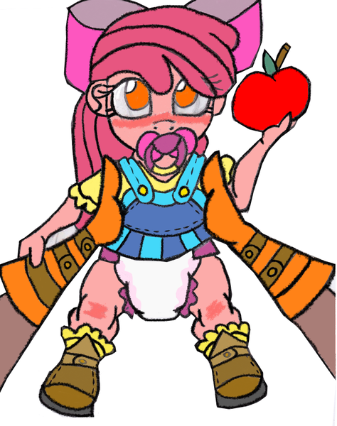 Size: 765x969 | Tagged: apple, apple bloom, artist:cuddlelamb, derpibooru import, diaper, diaper fetish, held up, human, humanized, implied applejack, pacifier, questionable