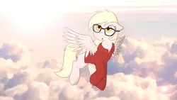 Size: 1920x1080 | Tagged: safe, artist:gergta, artist:mcsadat, color edit, derpibooru import, edit, derpy hooves, pegasus, pony, blank flank, clothes, female, flying, glasses, lens flare, mare, sky, wallpaper, wings