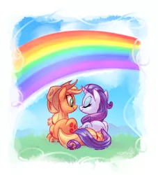 Size: 2000x2200 | Tagged: safe, artist:whitediamonds, derpibooru import, applejack, rarity, earth pony, pony, unicorn, eyes closed, female, gay pride, gay pride flag, hat, intertwined tails, lesbian, lovewins, mare, pride, rainbow, rarijack, rarijack daily, shipping, smiling