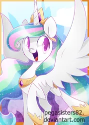 Size: 750x1050 | Tagged: safe, artist:pegasisters82, derpibooru import, princess celestia, alicorn, pony, female, mare, solo, spread wings, watermark, wings