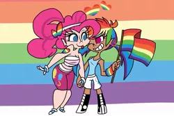 Size: 960x640 | Tagged: safe, artist:miss-zi-zi, derpibooru import, pinkie pie, rainbow dash, human, clothes, cute, female, flag, gay pride, gay pride flag, heart, holding hands, humanized, lesbian, lovewins, pinkiedash, pride, shipping, tanktop, tongue out, wink