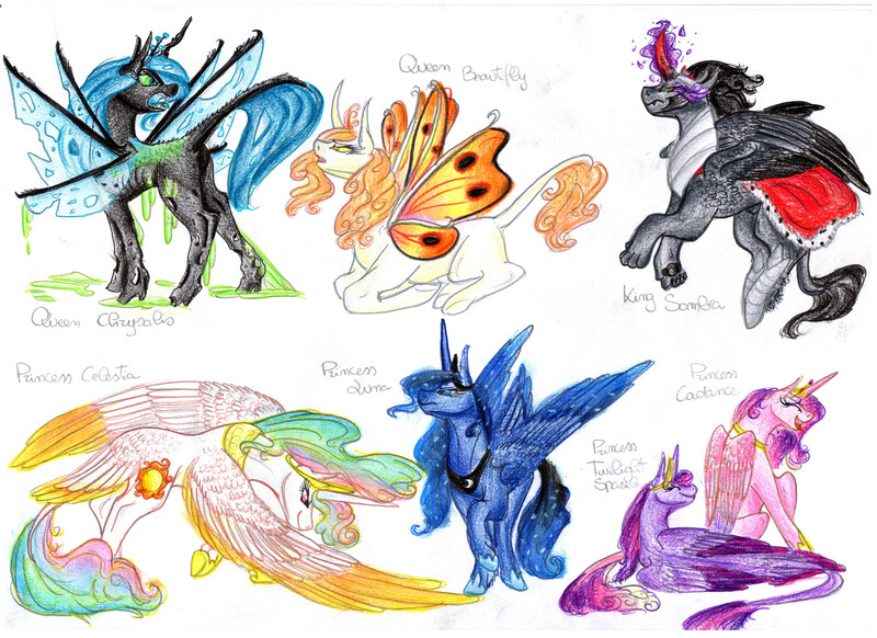 Size: 6876x5000 | Tagged: source needed, safe, artist:dawn22eagle, derpibooru import, king sombra, princess cadance, princess celestia, princess luna, queen chrysalis, twilight sparkle, twilight sparkle (alicorn), changeling queen oc, oc, oc:queen beautifly, alicorn, changeling, changeling queen, classical unicorn, flutter pony, pony, absurd resolution, alicornified, changeling slime, colored wings, female, headcanon, height difference, leonine tail, male, mare, paws, queen, race swap, slime, sombracorn, stallion, tail feathers