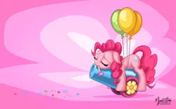 Size: 2560x1600 | Tagged: safe, artist:mysticalpha, derpibooru import, pinkie pie, earth pony, pony, party pooped, balloon, cute, diapinkes, eyes closed, female, floppy ears, mare, party cannon, signature, solo, that was fast, tired, wallpaper
