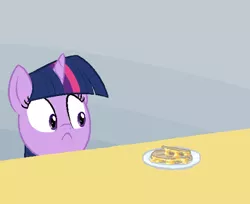 Size: 550x448 | Tagged: safe, derpibooru import, twilight sparkle, pony, party pooped, everything is fixed, exploitable meme, frown, meme, quesadilla, solo, spilled milk, subversion, subverted meme, they're just so cheesy