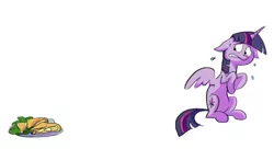 Size: 887x482 | Tagged: safe, artist:nukilik, derpibooru import, twilight sparkle, twilight sparkle (alicorn), alicorn, pony, party pooped, female, floppy ears, gritted teeth, mare, nervous, quesadilla, scared, sitting, solo, sweat, that was fast, they're just so cheesy