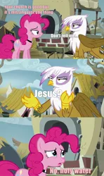 Size: 1280x2160 | Tagged: safe, derpibooru import, edit, edited screencap, screencap, gilda, pinkie pie, gryphon, the lost treasure of griffonstone, church, holy water, jesus christ, joke, pinkie priest, priest, sarcasm