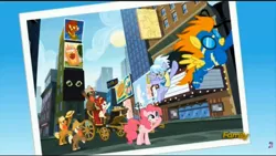 Size: 1920x1080 | Tagged: safe, derpibooru import, screencap, blaze, caboose, cherry jubilee, cloudchaser, full steam, pinkie pie, promontory, earth pony, pegasus, pony, party pooped, background pony, bridleway, cats (musical), female, flying, male, manehattan, mare, photo, stagecoach, stallion, waving, wonderbolt trainee uniform, wonderbolts, wonderbolts poster