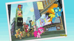Size: 500x281 | Tagged: safe, derpibooru import, screencap, blaze, cherry jubilee, cloudchaser, lonely hearts, northern song, pinkie pie, spitfire, strawberry fields, ponified, pony, party pooped, abbey road, animated, discovery family, discovery family logo, drums, george harrison, guitar, john lennon, microphone, paul mccartney, photo, pinko starr, reference, sgt. pepper, the beatles, wonderbolts