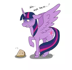 Size: 1308x1276 | Tagged: safe, artist:mattsykun, derpibooru import, twilight sparkle, twilight sparkle (alicorn), alicorn, pony, party pooped, ..., 2spooky, female, floppy ears, fluffy, food, gritted teeth, mare, quesadilla, raised hoof, scared, solo, spread wings, sweat, that was fast, they're just so cheesy, unshorn fetlocks, wide eyes