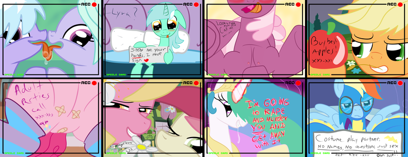 Size: 4000x1538 | Tagged: applejack, artifact, artist:tiarawhy, camwhore, cheerilee, cloudchaser, crotchboobs, derpibooru import, flitter, lily, lily valley, lyra heartstrings, nipples, nipple tape, nudity, pinkie pie, princess celestia, questionable, rainbow dash, roseluck, semi-grimdark, tiarawhy