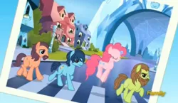 Size: 1424x827 | Tagged: safe, derpibooru import, screencap, lonely hearts, northern song, pinkie pie, strawberry fields, ponified, pony, party pooped, abbey road, crystal empire, discovery family, discovery family logo, george harrison, john lennon, paul mccartney, pinko starr, pronking, the beatles