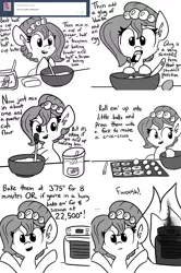 Size: 1462x2198 | Tagged: safe, artist:tjpones, derpibooru import, oc, oc:brownie bun, unofficial characters only, horse wife, ..., ask, batter, burning stove, cute, fail, fire, food, hoof hold, mascot:nutty professor, mixing, monochrome, mouth hold, open mouth, oven, property damage, recipe, smiling, smoke, solo, stove, tumblr