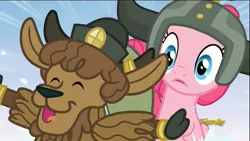 Size: 1366x768 | Tagged: safe, derpibooru import, screencap, pinkie pie, unnamed character, earth pony, pony, yak, party pooped, calf, cloven hooves, discovery family, discovery family logo, eyes closed, female, g4, horns, image, logo, mare, open mouth, open smile, png, smiling, unnamed yak, yak calf, yona's sister