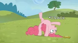 Size: 895x500 | Tagged: safe, derpibooru import, edit, edited screencap, screencap, pinkie pie, party pooped, backbend, bridge stretch, flexible, image macro, meme, ouch, solo