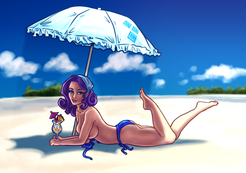 Size: 991x697 | Tagged: areola, artist:superkeen, barefoot, beach, beach babe, bikini, breasts, clothes, derpibooru import, feet, female, human, humanized, nipples, nudity, questionable, rarity, seductive pose, sexy, solo, solo female, stupid sexy rarity, swimsuit, topless