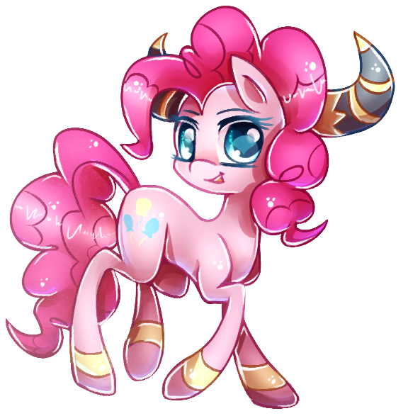 Size: 576x587 | Tagged: dead source, safe, artist:inky-pinkie, derpibooru import, pinkie pie, earth pony, pony, party pooped, looking at you, open mouth, simple background, smiling, solo, transparent background, yak horns