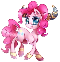 Size: 576x587 | Tagged: dead source, safe, artist:inky-pinkie, derpibooru import, pinkie pie, earth pony, pony, party pooped, looking at you, open mouth, simple background, smiling, solo, transparent background, yak horns