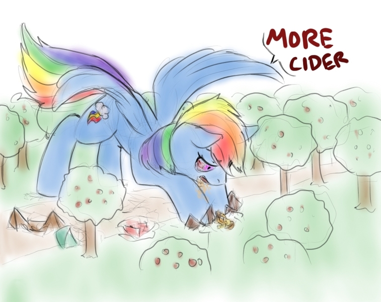 Size: 850x674 | Tagged: safe, artist:alloyrabbit, derpibooru import, applejack, rainbow dash, pony, addiction, apple cider, bloodshot eyes, cider, cider dash, colored, dashaholic, destruction, giant pony, giant rainbow dash, macro, obsession, sketch, spread wings, sweet apple acres, withdrawal