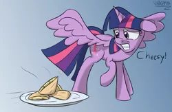 Size: 1377x898 | Tagged: safe, artist:varemia, derpibooru import, twilight sparkle, twilight sparkle (alicorn), alicorn, pony, party pooped, female, floppy ears, gritted teeth, mare, quesadilla, raised hoof, scared, solo, spread wings, they're just so cheesy